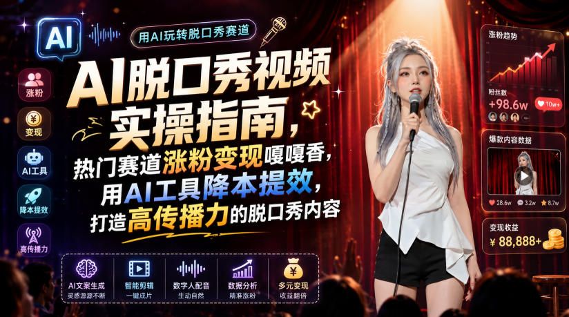 AI脱口秀视频实操指南，热门赛道涨粉变现嘎嘎香，用AI工具降本提效，打造高传播力的脱口秀内容-途喵资源网 精品教程 行业软件 热门项目 这里总能找到你需要的资源！