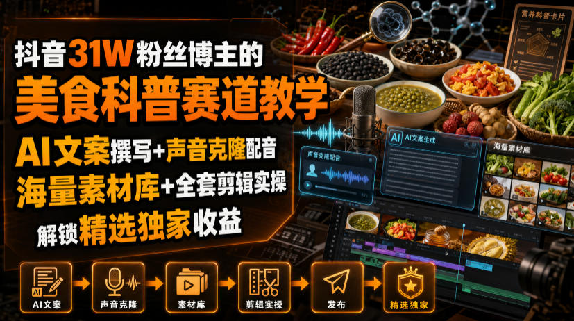 抖音31W粉丝博主的美食科普赛道教学，AI文案撰写+声音克隆配音+剪辑实操，解锁精选独家收益-途喵资源网 精品教程 行业软件 热门项目 这里总能找到你需要的资源！