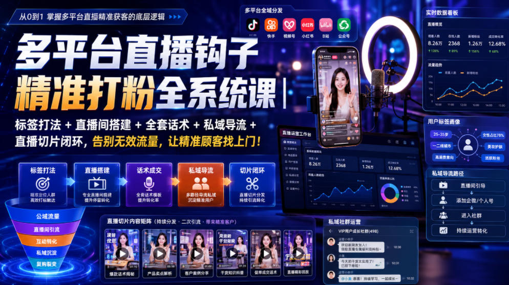 多平台直播钩子精准打粉全系统课｜标签打法+直播间搭建+全套话术+私域导流+直播切片闭环，告别无效流量，让精准顾客找上门！-途喵资源网 精品教程 行业软件 热门项目 这里总能找到你需要的资源！