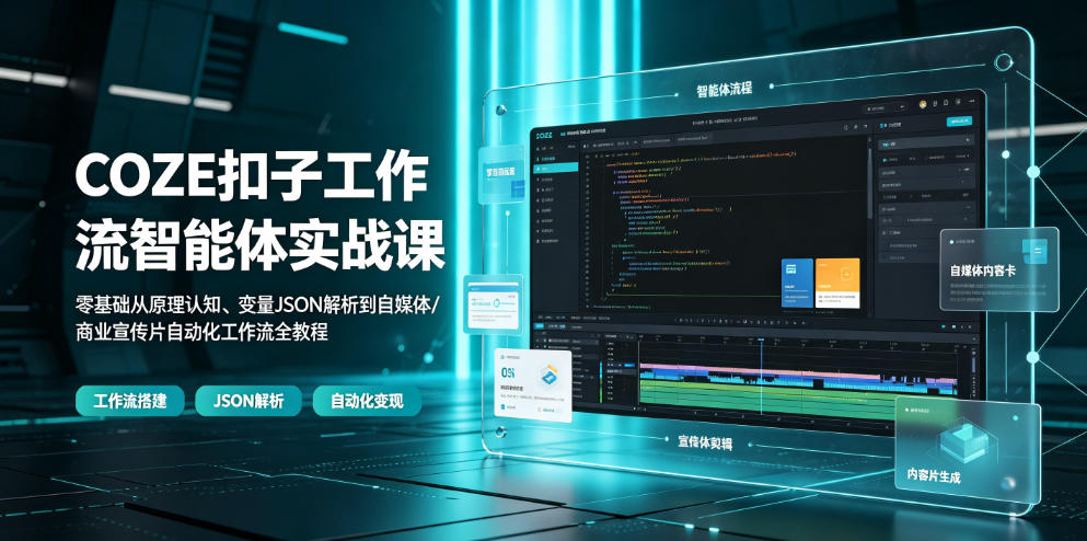 COZE扣子工作流智能体实战课｜零基础从原理认知、变量JSON解析到自媒体/商业宣传片自动化工作流全教程-途喵资源网 精品教程 行业软件 热门项目 这里总能找到你需要的资源！