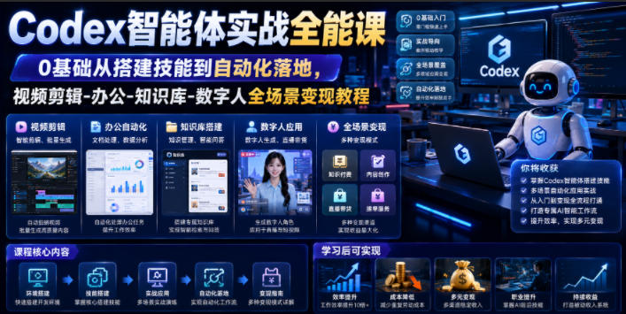Codex智能体实战全能课｜0基础从搭建技能到自动化落地，视频剪辑-办公-知识库-数字人全场景变现教程-途喵资源网 精品教程 行业软件 热门项目 这里总能找到你需要的资源！