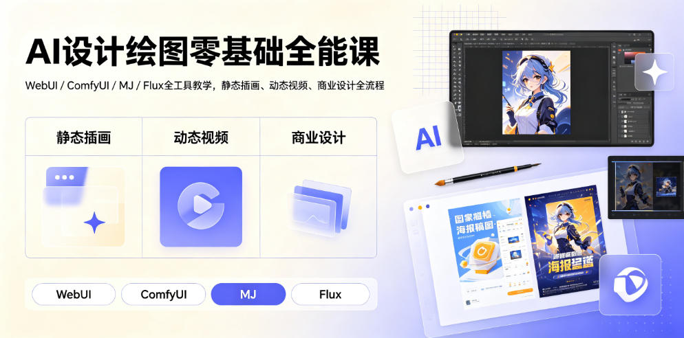 AI设计绘图零基础全能课｜WebUI/ComfyUI/MJ/Flux全工具教学，静态插画、动态视频、商业设计全流程-途喵资源网 精品教程 行业软件 热门项目 这里总能找到你需要的资源！