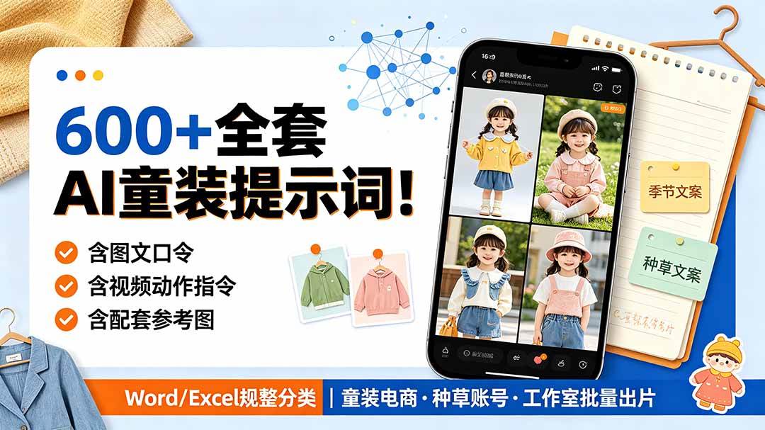 （19302期）600+全套AI童装提示词！含图文口令+视频动作指令+配套参考图，Word/Excel规整分类，童装电商、种草无脑量产内容-途喵资源网 精品教程 行业软件 热门项目 这里总能找到你需要的资源！