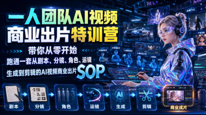 一人团队AI视频商业出片实战课：带你从零开始跑通一套从剧本、分镜、角色、运镜、生成到剪辑的AI视频商业出片SOP-途喵资源网 精品教程 行业软件 热门项目 这里总能找到你需要的资源！