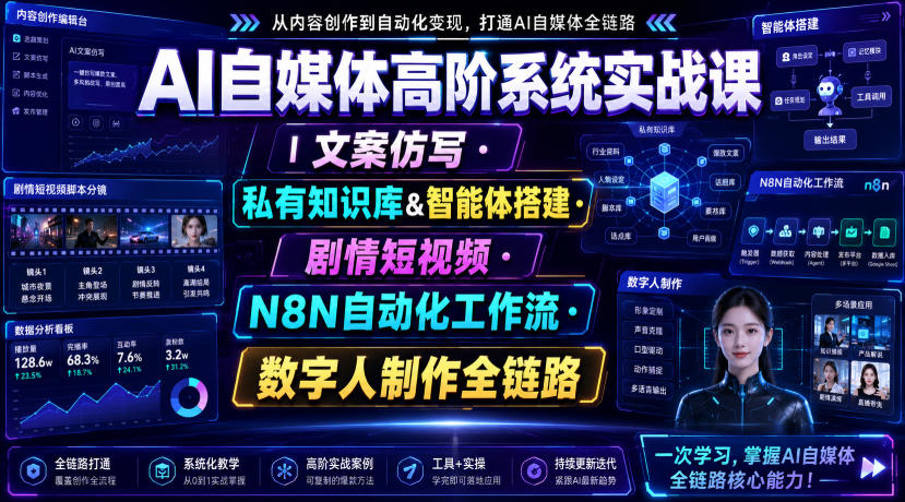 AI自媒体高阶系统实战课｜文案仿写・私有知识库&智能体搭建・剧情短视频・N8N自动化工作流・数字人制作全链路-途喵资源网 精品教程 行业软件 热门项目 这里总能找到你需要的资源！