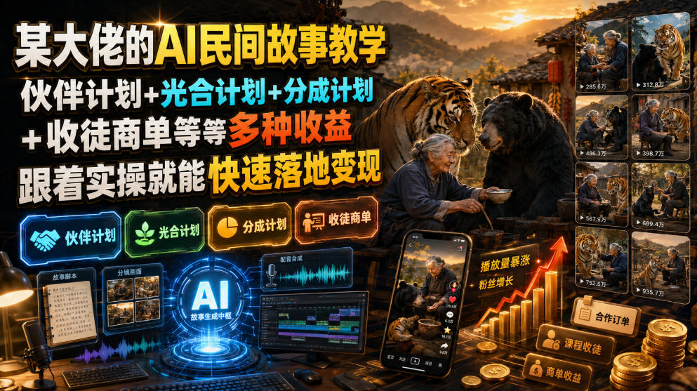 某大佬的AI民间故事教学，伙伴计划+光合计划+分成计划+收徒商单等多种收益，跟着实操就能快速落地变现-途喵资源网 精品教程 行业软件 热门项目 这里总能找到你需要的资源！
