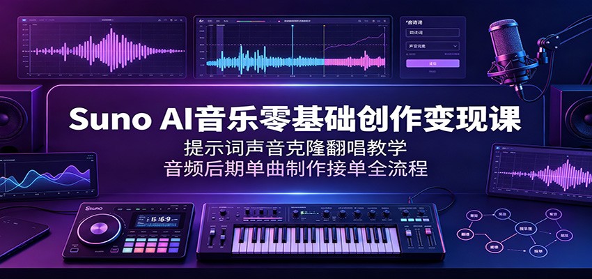 Suno AI音乐零基础创作变现课：提示词声音克隆翻唱教学，音频后期单曲制作接单全流程-途喵资源网 精品教程 行业软件 热门项目 这里总能找到你需要的资源！