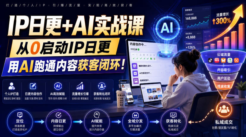 IP日更+AI实战课，从0启动IP日更，IP置顶视频制作+100条选题库搭建+10条日更规划，用AI跑通内容获客闭环!-途喵资源网 精品教程 行业软件 热门项目 这里总能找到你需要的资源！