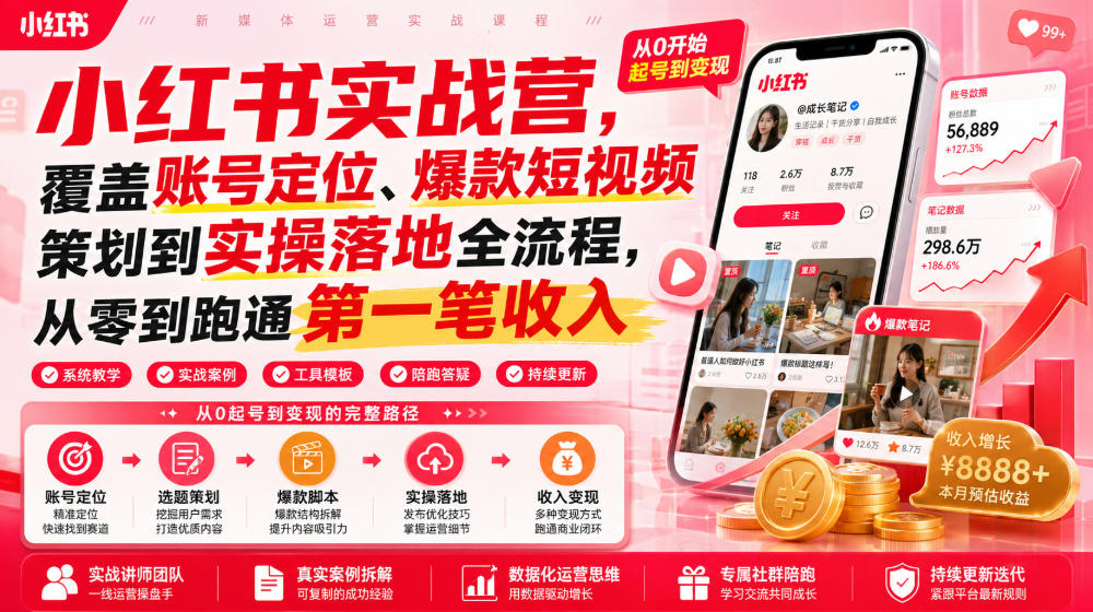 小红书实战营，覆盖账号定位、爆款短视频策划到实操落地全流程，从零到跑通第一笔收入-途喵资源网 精品教程 行业软件 热门项目 这里总能找到你需要的资源！