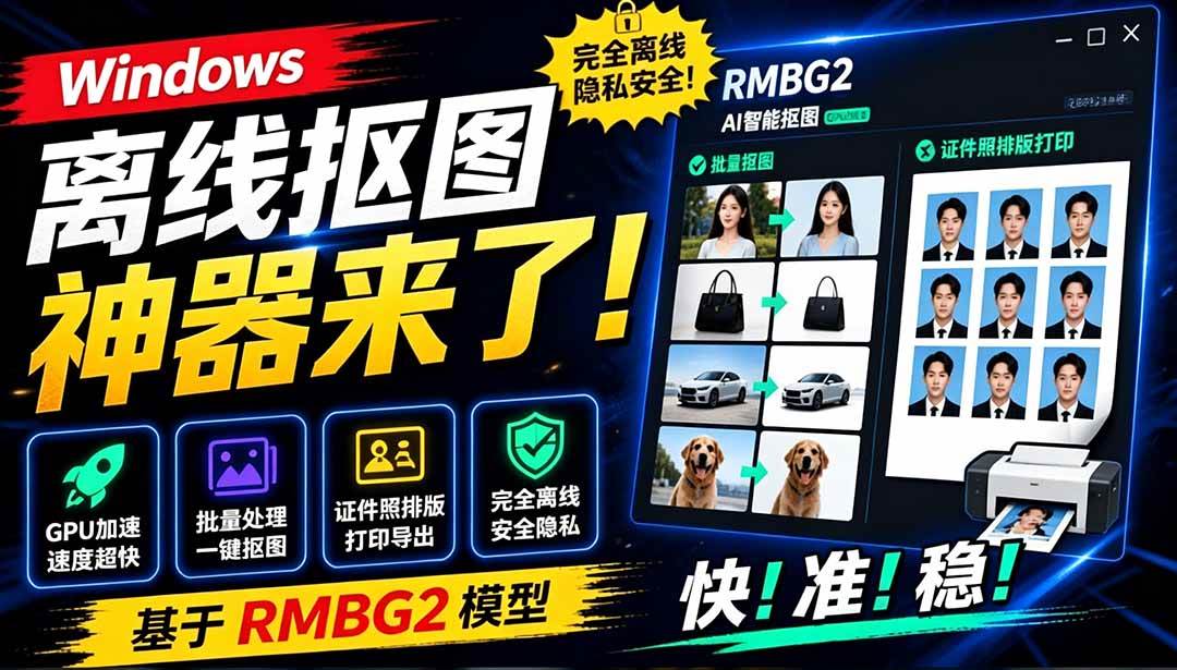 （19357期）Windows离线抠图神器来了！支持批量抠图 + 证件照排版打印，基于RMBG2模型，GPU加速 方块AI抠图-途喵资源网 精品教程 行业软件 热门项目 这里总能找到你需要的资源！