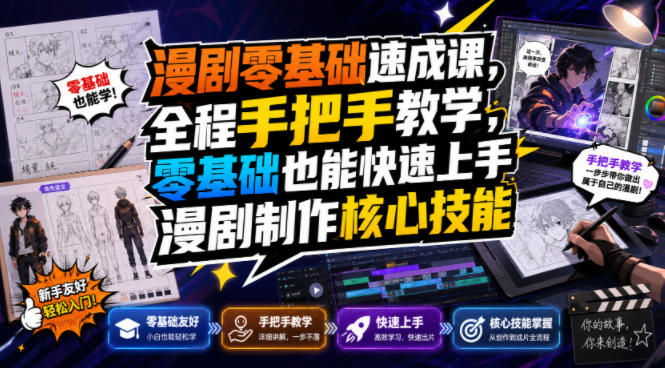 漫剧零基础速成课，全程手把手教学，零基础也能快速上手漫剧制作核心技能-途喵资源网 精品教程 行业软件 热门项目 这里总能找到你需要的资源！