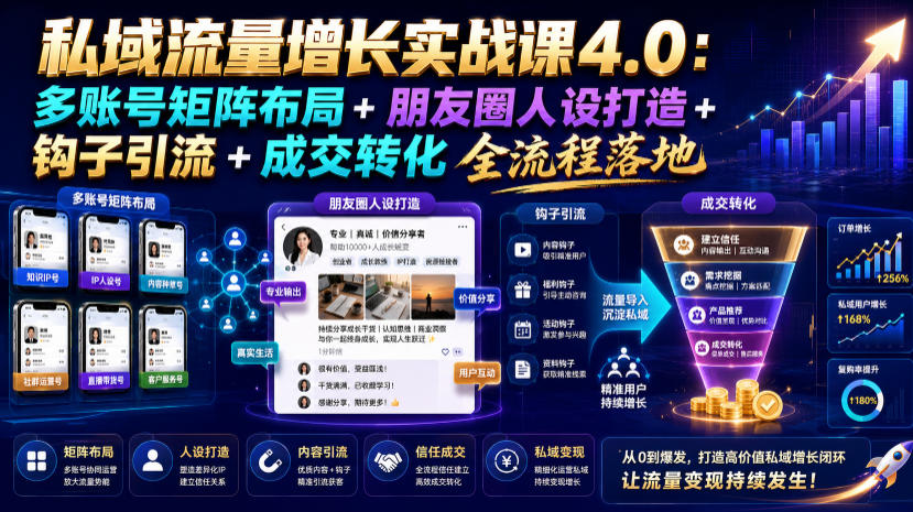 私域流量增长实战课4.0：多账号矩阵布局+朋友圈人设打造+钩子引流+成交转化全流程落地-途喵资源网 精品教程 行业软件 热门项目 这里总能找到你需要的资源！