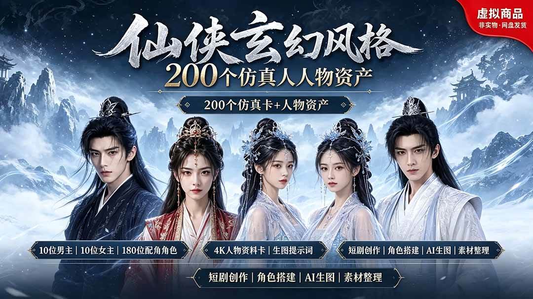 （19301期）200个仙侠玄幻仿真人素材◆10男主×10女主×180配角，4K资料卡+AI生图提示词，漫剧必备-途喵资源网 精品教程 行业软件 热门项目 这里总能找到你需要的资源！