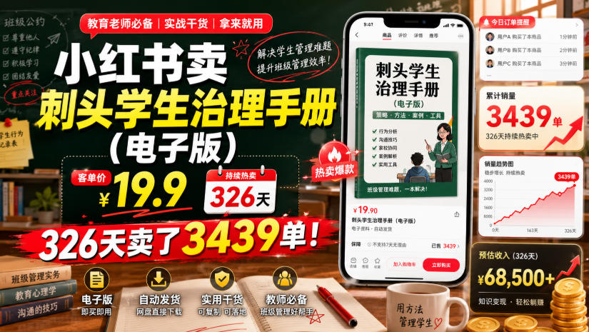 小红书卖刺头学生治理手册（电子版），客单价19.9，326天卖了3439单！-途喵资源网 精品教程 行业软件 热门项目 这里总能找到你需要的资源！
