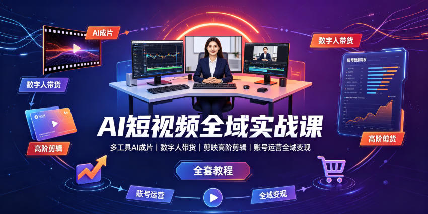 AI短视频全域实战课｜多工具AI成片、数字人带货、剪映高阶剪辑、账号运营全域变现全套教程-途喵资源网 精品教程 行业软件 热门项目 这里总能找到你需要的资源！