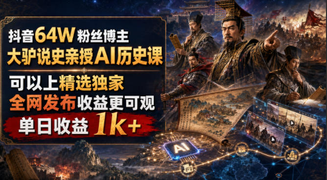 抖音64W粉丝博主大驴说史亲授AI历史课，可以上精选独家，全网发布收益更可观，单日收益1k+-途喵资源网 精品教程 行业软件 热门项目 这里总能找到你需要的资源！