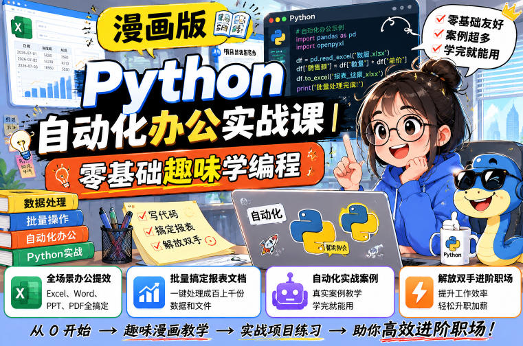 漫画版Python自动化办公实战课｜零基础趣味学编程，全场景办公提效、批量搞定报表文档、解放双手进阶职场-途喵资源网 精品教程 行业软件 热门项目 这里总能找到你需要的资源！