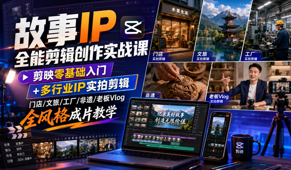 故事IP全能剪辑创作实战课｜剪映零基础入门+多行业IP实拍剪辑，门店/文旅/工厂/非遗/老板Vlog全风格成片教学-途喵资源网 精品教程 行业软件 热门项目 这里总能找到你需要的资源！