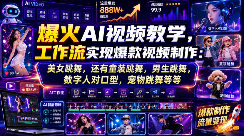 爆火AI视频教学，工作流实现爆款视频制作：美女跳舞，还有童装跳舞，男生跳舞，数字人对口型，宠物跳舞等等-途喵资源网 精品教程 行业软件 热门项目 这里总能找到你需要的资源！