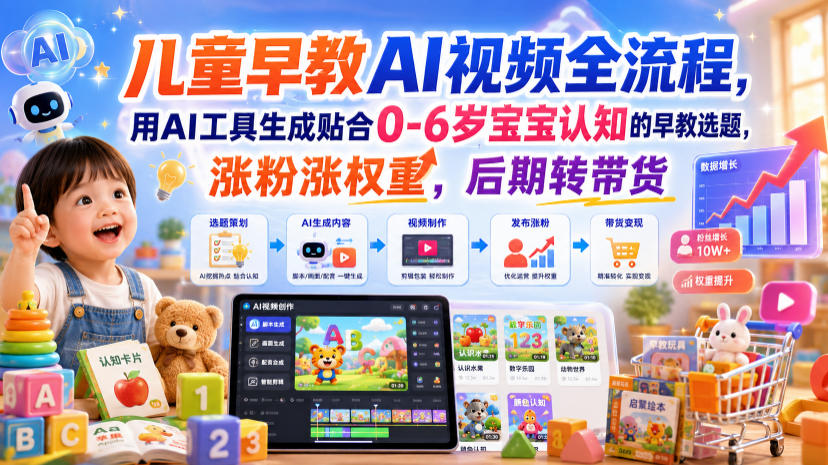 儿童早教AI视频全流程，用AI工具生成贴合0-6岁宝宝认知的早教选题，涨粉涨权重，后期转带货-途喵资源网 精品教程 行业软件 热门项目 这里总能找到你需要的资源！