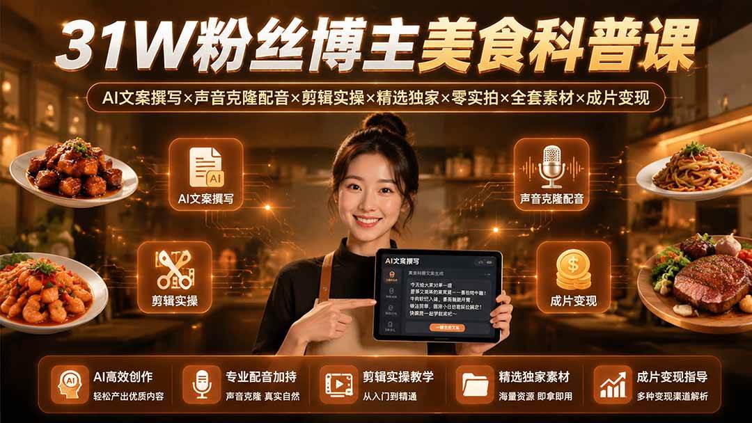 （19558期）31W粉丝博主美食科普课：AI文案撰写×声音克隆配音×剪辑实操×精选独家×零实拍×全套素材×成片变现-途喵资源网 精品教程 行业软件 热门项目 这里总能找到你需要的资源！