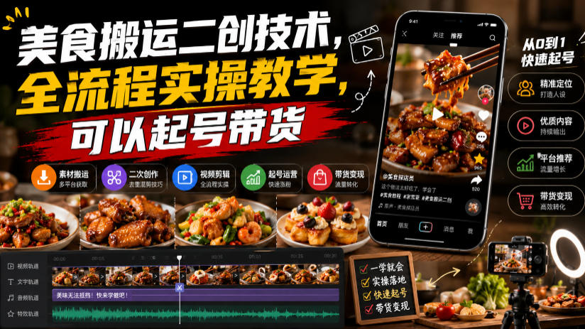 美食搬运二创技术，全流程实操教学，可以起号带货-途喵资源网 精品教程 行业软件 热门项目 这里总能找到你需要的资源！