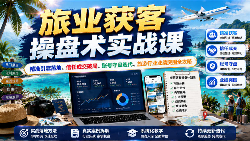 旅业获客操盘术实战课｜精准引流落地、信任成交破局、账号守盘迭代、旅游行业业绩突围全攻略-途喵资源网 精品教程 行业软件 热门项目 这里总能找到你需要的资源！
