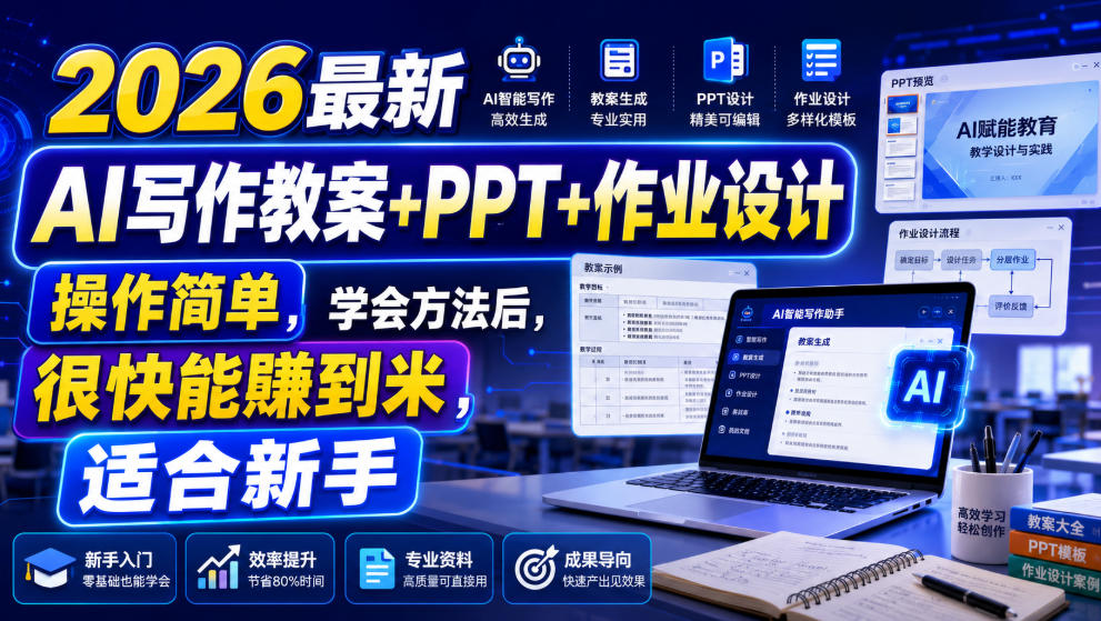 2026最新AI写作教案+PPT+作业设计，操作简单，学会方法后，很快能賺到米，适合新手-途喵资源网 精品教程 行业软件 热门项目 这里总能找到你需要的资源！