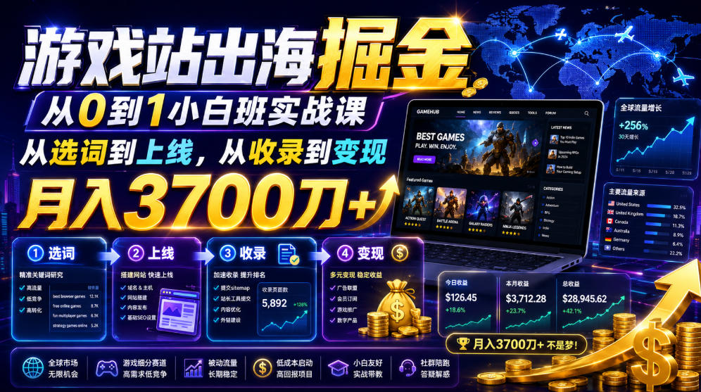游戏站出海掘金从0到1小白实战课，从选词到上线，从收录到变现，月入3700刀+-途喵资源网 精品教程 行业软件 热门项目 这里总能找到你需要的资源！