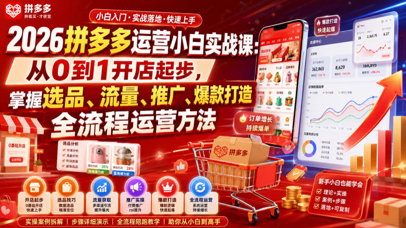 2026拼多多运营小白实战课：从0到1开店起步，掌握选品、流量、推广、爆款打造全流程运营方法-途喵资源网 精品教程 行业软件 热门项目 这里总能找到你需要的资源！