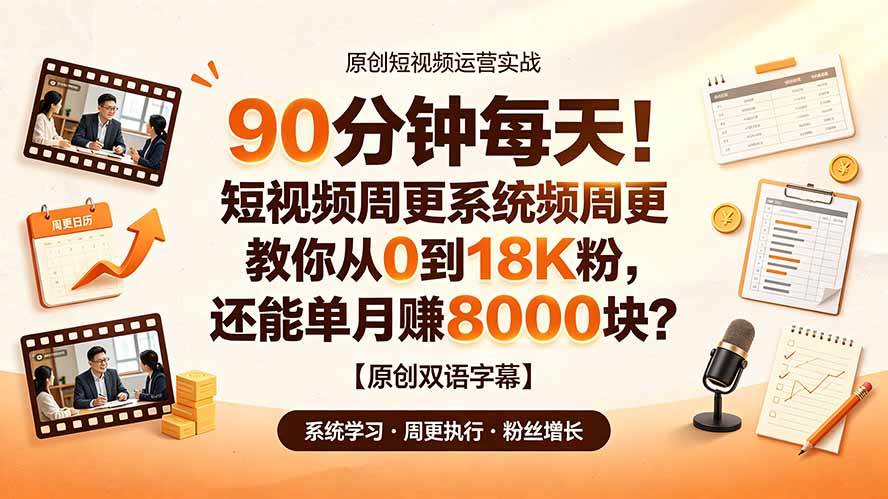 （19265期）90 分钟每天！短视频周更系统教你从 0 到 18K 粉，还能单月赚 8000 块？【原创双语字幕】-途喵资源网 精品教程 行业软件 热门项目 这里总能找到你需要的资源！