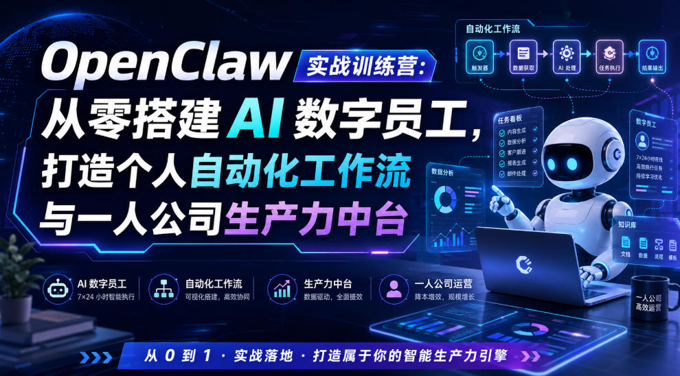 OpenClaw实战训练营：从零搭建AI数字员工，打造个人自动化工作流与一人公司生产力中台-途喵资源网 精品教程 行业软件 热门项目 这里总能找到你需要的资源！