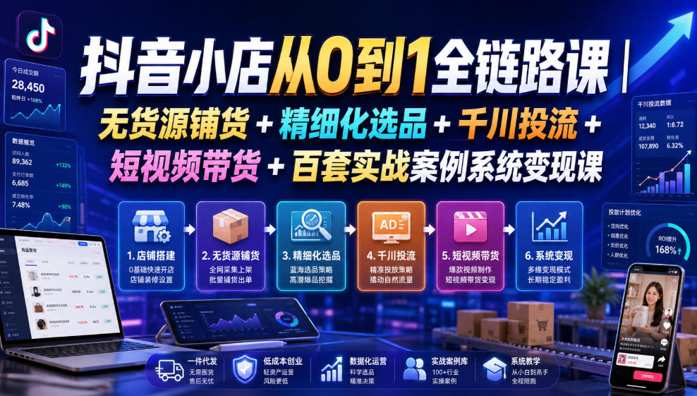 抖音小店从0到1全链路课｜无货源铺货+精细化选品+千川投流+短视频带货+百套实战案例系统变现课（2026年7月更新）-途喵资源网 精品教程 行业软件 热门项目 这里总能找到你需要的资源！
