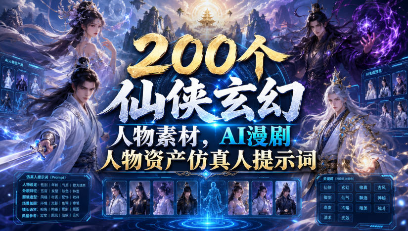 200个仙侠玄幻人物素材，AI漫剧人物资产仿真人提示词-途喵资源网 精品教程 行业软件 热门项目 这里总能找到你需要的资源！