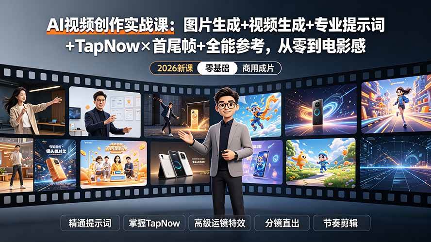 （19383期）AI视频创作实战课：图片生成+视频生成+专业提示词+TapNow×首尾帧+全能参考，从零到电影感成片-途喵资源网 精品教程 行业软件 热门项目 这里总能找到你需要的资源！