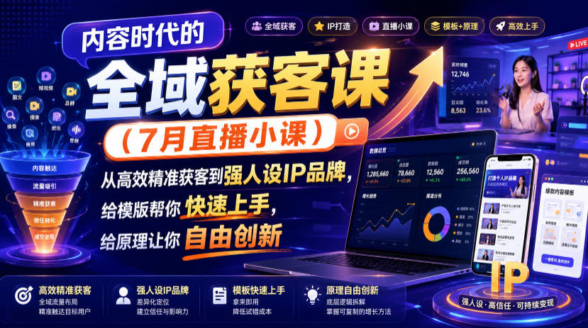 内容时代的全域获客课（7月直播小课），从高效精准获客到强人设IP品牌，给模版帮你快速上手，给原理让你自由创新-途喵资源网 精品教程 行业软件 热门项目 这里总能找到你需要的资源！