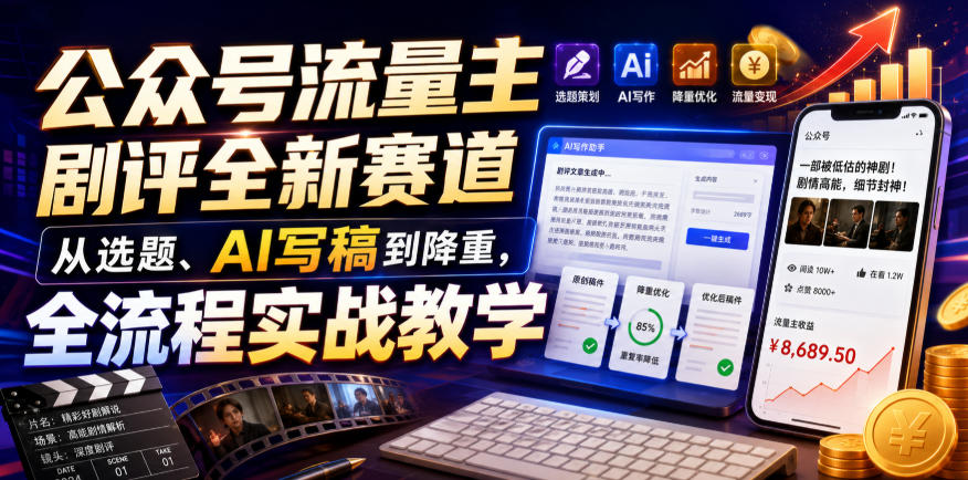 公众号流量主剧评全新赛道，从选题、AI写稿到降重，全流程实战教学-途喵资源网 精品教程 行业软件 热门项目 这里总能找到你需要的资源！