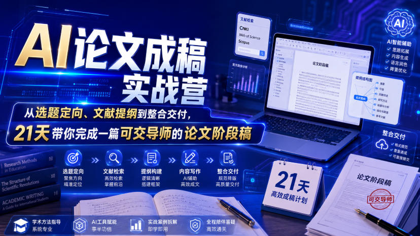 AI论文成稿实战营，从选题定向、文献提纲到整合交付，21天带你完成一篇可交导师的论文阶段稿-途喵资源网 精品教程 行业软件 热门项目 这里总能找到你需要的资源！