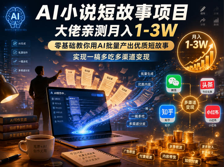 AI小说短故事项目，大佬亲测月入1-3W，零基础教你用AI批量产出优质短故事，实现一稿多吃多渠道变现（更新0710）-途喵资源网 精品教程 行业软件 热门项目 这里总能找到你需要的资源！