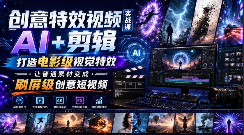 创意特效视频实战课，AI+剪辑打造电影级视觉特效，让普通素材变成刷屏级创意短视频-途喵资源网 精品教程 行业软件 热门项目 这里总能找到你需要的资源！