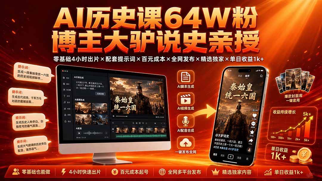（19557期）AI历史课64W粉博主大驴说史亲授：零基础4小时出片×配套提示词×百元成本×全网发布×精选独家×单日收益1k+-途喵资源网 精品教程 行业软件 热门项目 这里总能找到你需要的资源！
