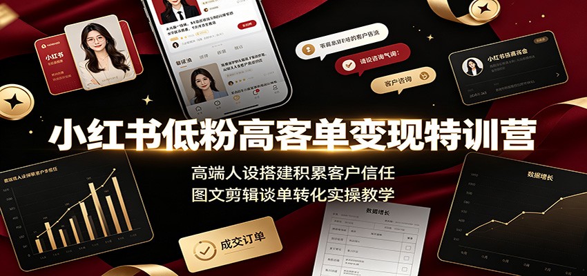 小红书低粉高客单变现特训营：高端人设搭建积累客户信任，图文剪辑谈单转化实操教学-途喵资源网 精品教程 行业软件 热门项目 这里总能找到你需要的资源！