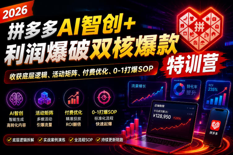 2026拼多多AI智创+利润爆破双核爆款特训营，收获底层逻辑、活动矩阵、付费优化、0-1打爆SOP-途喵资源网 精品教程 行业软件 热门项目 这里总能找到你需要的资源！