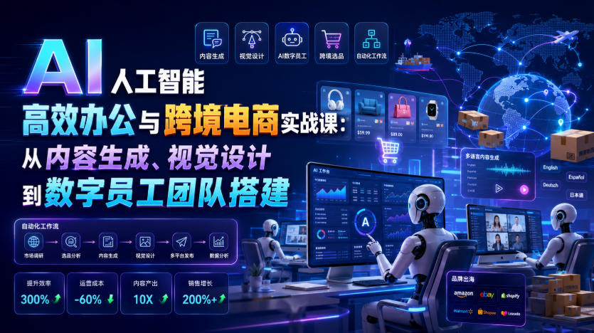 AI人工智能高效办公与跨境电商实战课：从内容生成、视觉设计到数字员工团队搭建-途喵资源网 精品教程 行业软件 热门项目 这里总能找到你需要的资源！