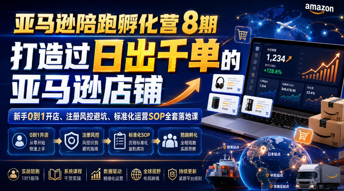 亚马逊陪跑孵化营8期，打造过日出千单的亚马逊店铺，新手0到1开店、注册风控避坑、标准化运营SOP全套落地课-途喵资源网 精品教程 行业软件 热门项目 这里总能找到你需要的资源！