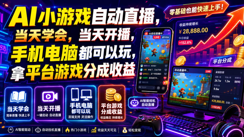 AI小游戏自动直播，当天学会，当天开播，手机电脑都可以玩，拿平台游戏分成收益-途喵资源网 精品教程 行业软件 热门项目 这里总能找到你需要的资源！