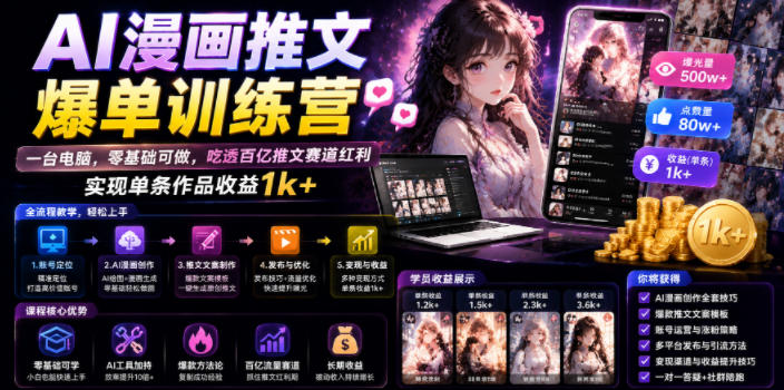 AI漫画推文爆单训练营，一台电脑，零基础可做，吃透百亿推文赛道红利，实现单条作品收益1k+（更新0705）-途喵资源网 精品教程 行业软件 热门项目 这里总能找到你需要的资源！