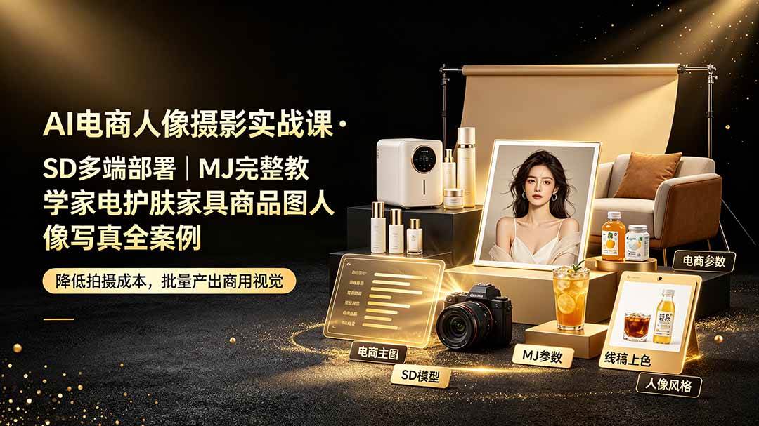 （19262期）AI电商人像摄影实战课·SD多端部署｜MJ完整教学｜家电护肤家具商品图人像写真全案例-途喵资源网 精品教程 行业软件 热门项目 这里总能找到你需要的资源！