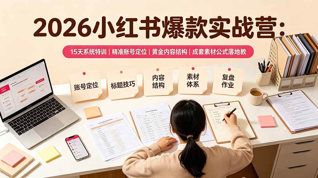 （19332期）2026小红书爆款实战营：15天系统特训｜精准账号定位｜黄金内容结构｜成套素材公式落地教程-途喵资源网 精品教程 行业软件 热门项目 这里总能找到你需要的资源！