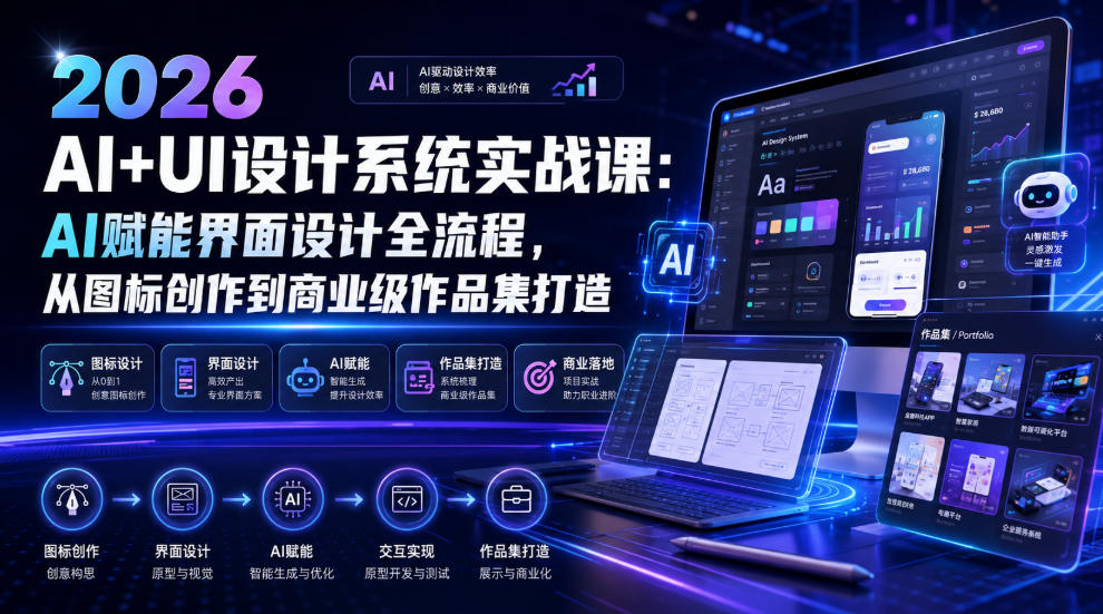 2026 AI+UI设计系统实战课：AI赋能界面设计全流程，从图标创作到商业级作品集打造-途喵资源网 精品教程 行业软件 热门项目 这里总能找到你需要的资源！